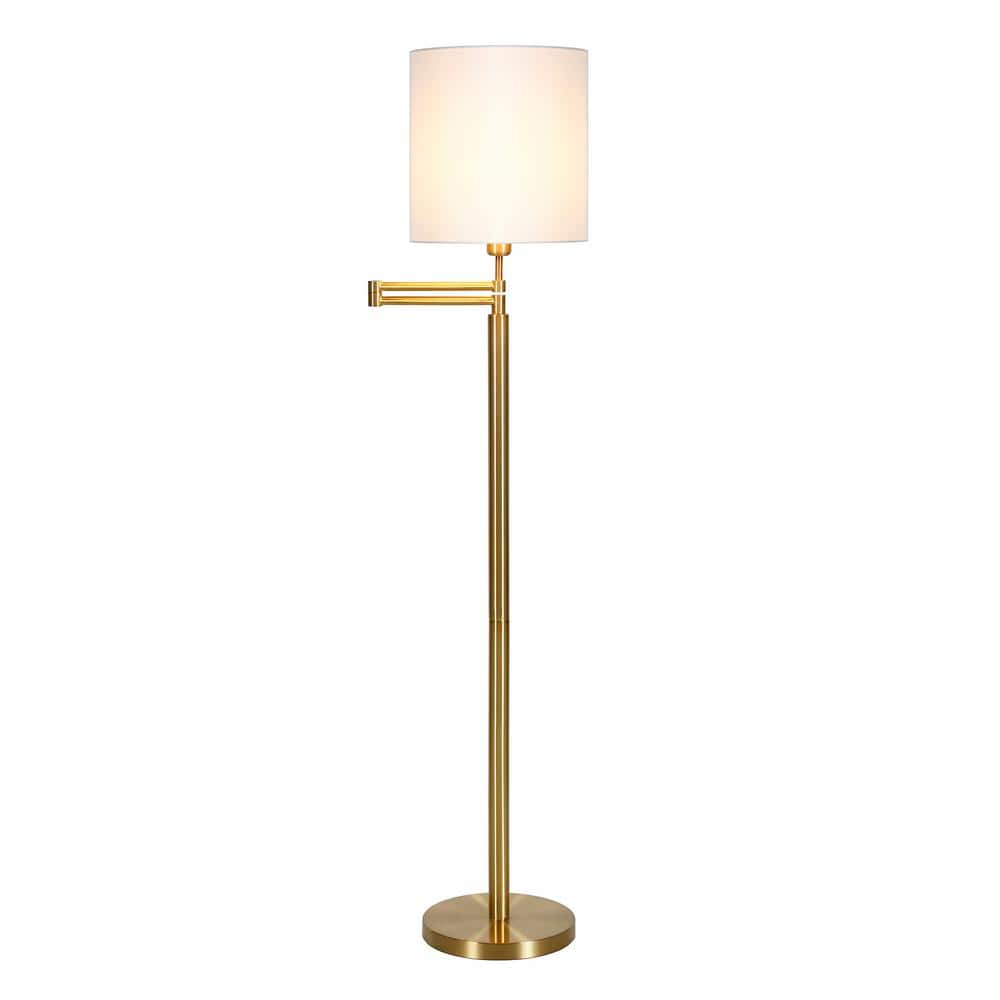 Antique Brass Adjustable Floor Lamp with White Linen Shade