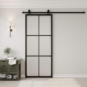 36 in. x 84 in. 6-Lite Frosted Glass Black Finished Aluminum Sliding Barn Door with Hardware Kit