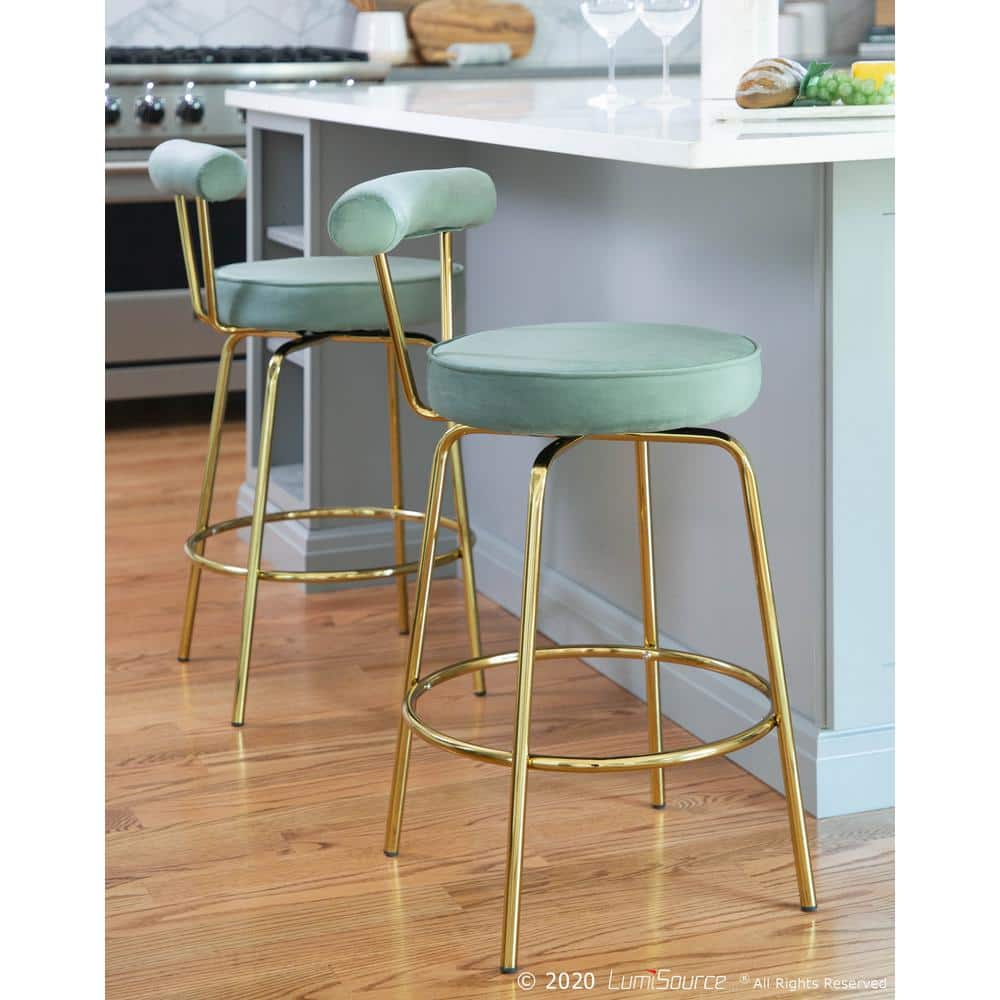 Sage Green Velvet Swivel Counter Stool with Gold Metal Frame
