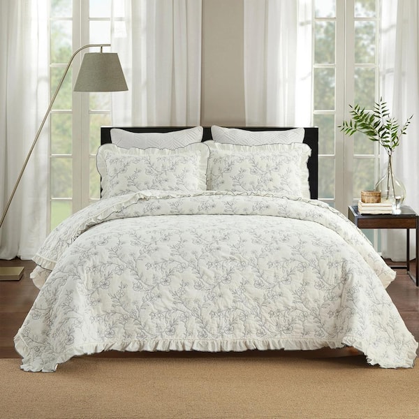 BY320 White Floral Queen Size Cotton Oversized Ruffle Skirt Bedspread Lightweight Quilt Set