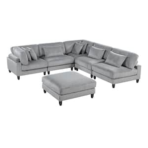 Laurelton 120 in. Pillow Top Arm 6-Piece Corduroy Fabric Modular Sectional Sofa with Ottoman in Gray