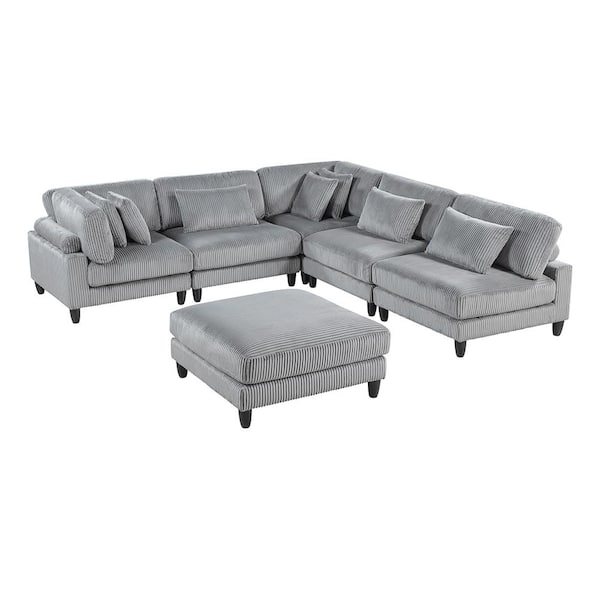 Lazzara Laurelton 120 in. Pillow Top Arm 6-Piece Corduroy Fabric Modular Sectional Sofa with Ottoman in Gray