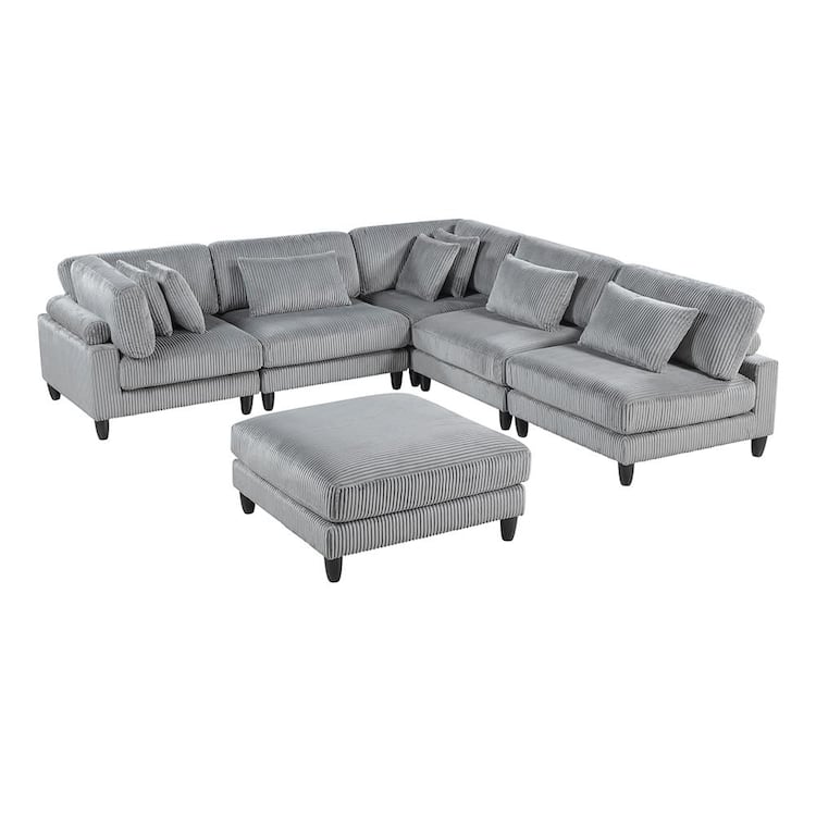 Lazzara Laurelton 120 in. Pillow Top Arm 6-Piece Corduroy Fabric Modular Sectional Sofa with Ottoman in Gray