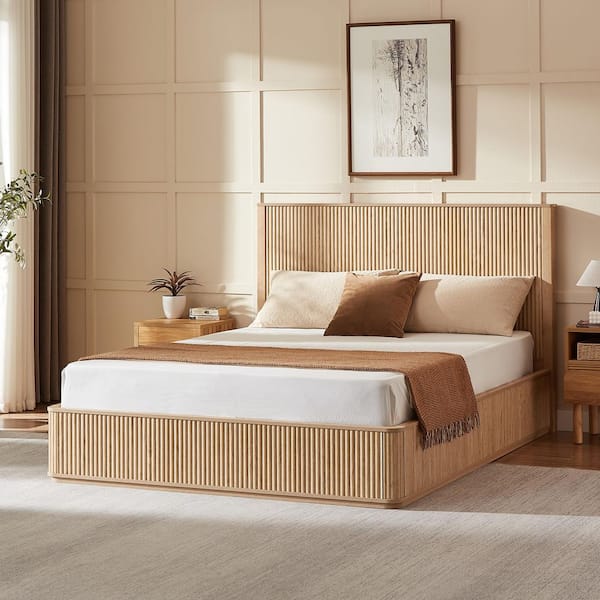 Oryn Modern Brown Natural Oak Finish Wood Frame Queen Size Platform Bed with Corrugated Wave Headboard