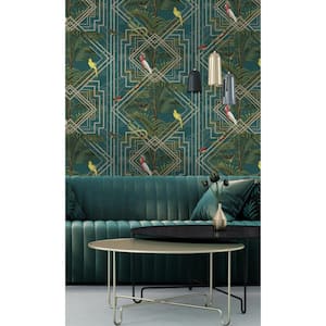 Turquoise Art Deco Geometric Tropical Shelf Liner Non-Woven Wallpaper Double Roll (57 sq. ft.)