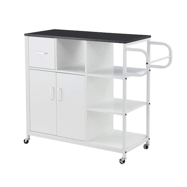 Unbranded White Kitchen Storage Cabinet Cart with Spice Rack and Towel Holder, Matte Black Top