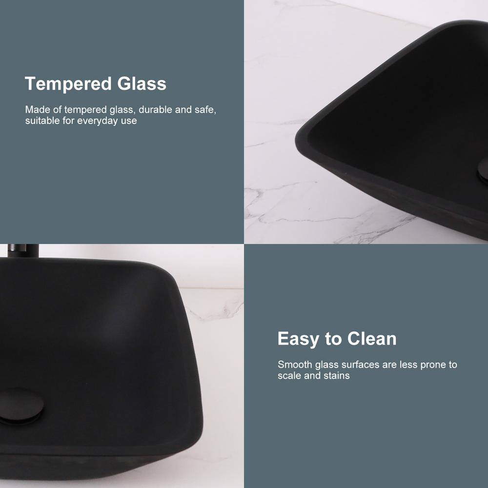 16" Square Matte Black Tempered Glass Vessel Sink