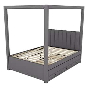 Gray Wood Frame Full Size Canopy Bed with Trundle and Drawer
