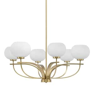 Olympia 6 Light, Uplight, Chandelier, New Age Brass Finish, 7 in. White Muslin Glass