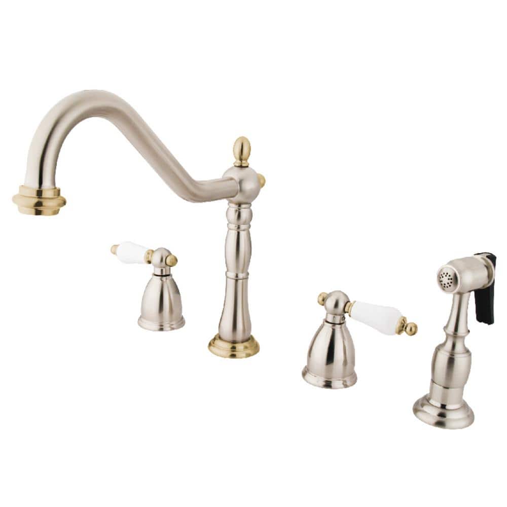 Heritage 2-Handle Standard Kitchen Faucet with Side Sprayer in Brushed Nickel/Polished Brass