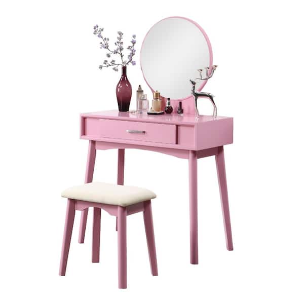 2-Piece Pink Wood Vanity Set with Round Mirror and Cushioned Stool durable construction easy to install