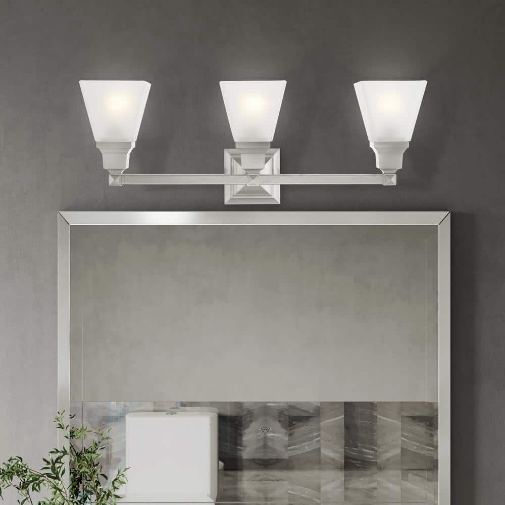 Brushed Nickel 3-Light Bathroom Vanity with Satin Glass Shades
