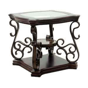 26 in.Brown Square Wood End Table Glass Table Top, Sofa Side Coffee Table With Shelf for Living Room Office