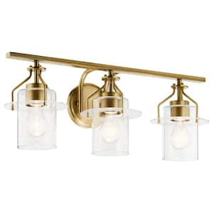 Everett 24 in. 3-Light Natural Brass Vintage Bathroom Vanity Light with Clear Glass