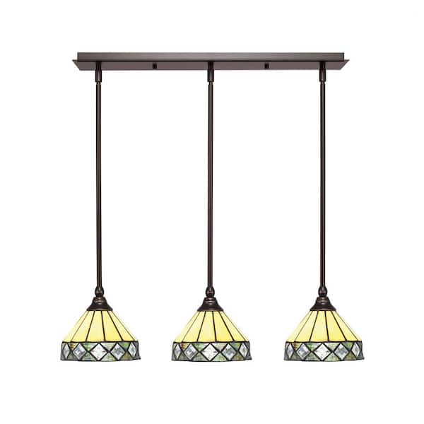 Livingston 100-Watt 3-Light Brown Shaded Pendant Light with 7 in. Diamond Art Glass Shade, No Bulbs Included