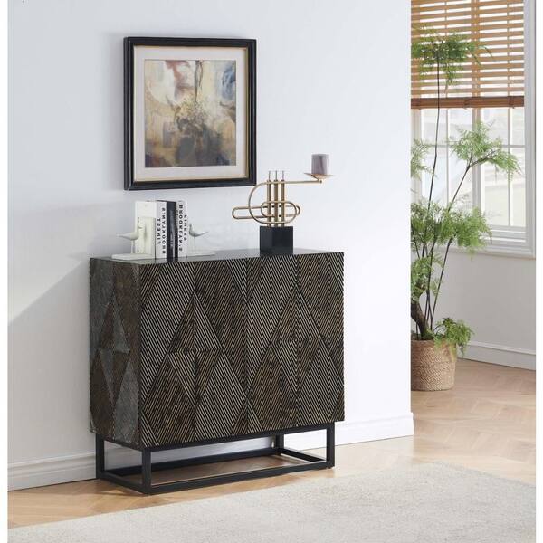 Litton Lane Brown Wooden 34 in. Layered Diamond 2 Door Geometric Cabinet with Gold Accents and Black Iron Base