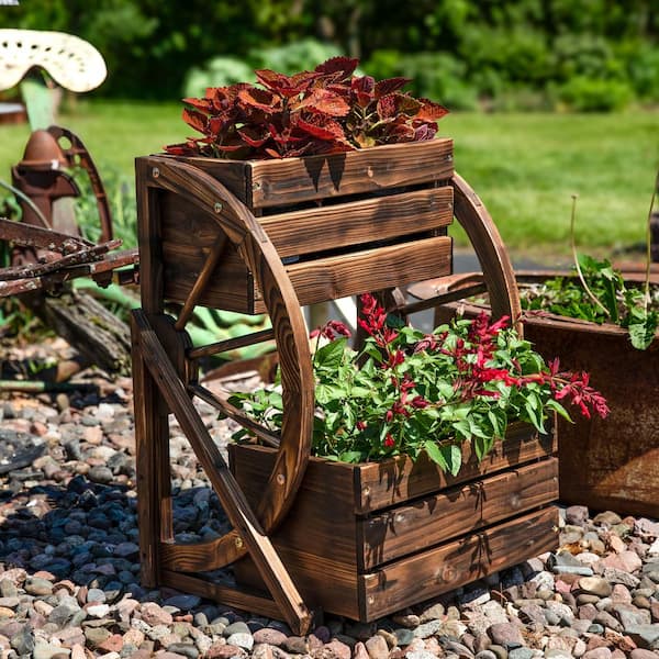 フラワー・ガーデニング Botanize SEN M size type B Sunnydaze 23.5 in. H, Rustic Wagon Wheel Plant Stand - Fir Wood 2