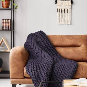 Chunky Knitted Indigo Acrylic Throw Blanket