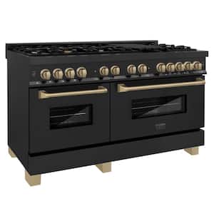Autograph Edition 60 in. 9 Burner Double Oven Dual Fuel Range in Black Stainless Steel and Champagne Bronze