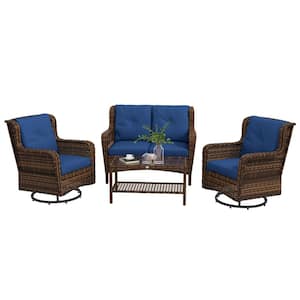 Dark Blue 4-Piece Wicker Patio Conversation Set with Dark Blue Cushions