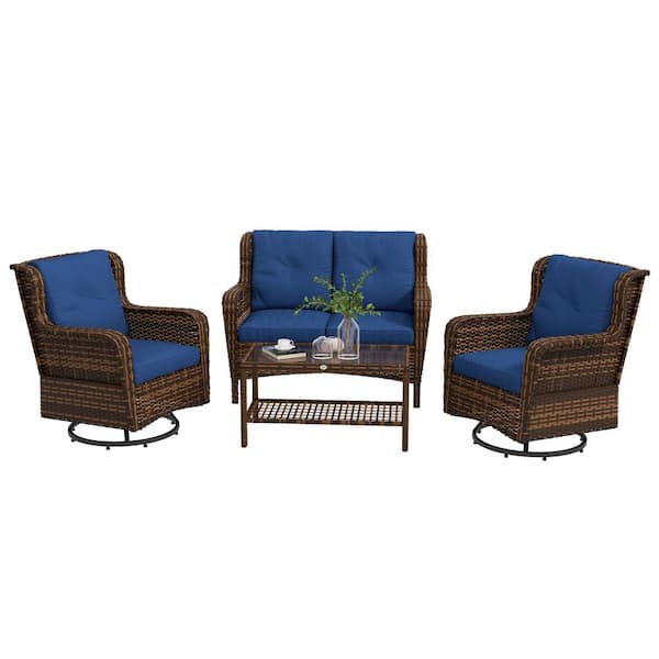 Outsunny Dark Blue 4-Piece Wicker Patio Conversation Set with Dark Blue Cushions