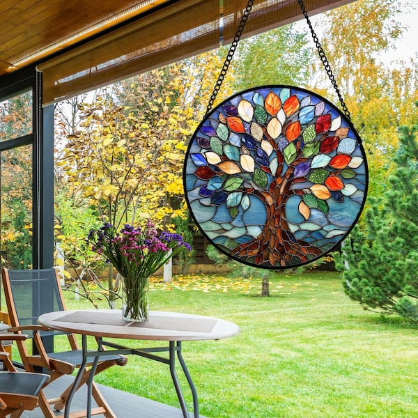 Angel Sar 6.3 in. Stained Glass Sun Catcher, Blue Tree of Life
