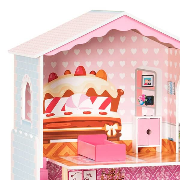 Huluwat Pink Classic Wooden Dollhouse for Toddlers with of