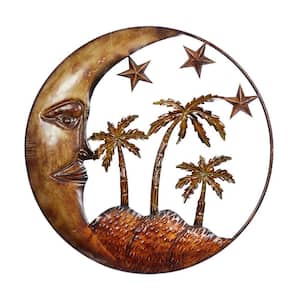 21 in. x  21 in. Metal Copper Indoor Outdoor Moon Wall Decor with Stars and Palm Tree