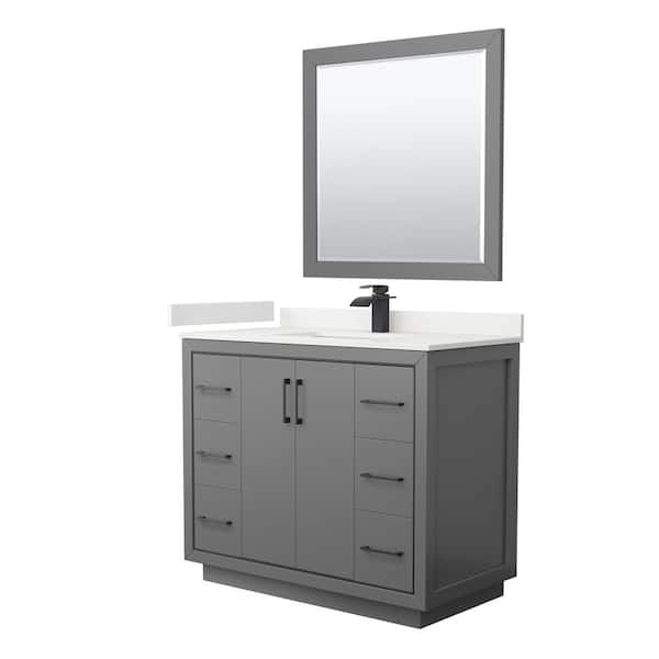 Wyndham Collection Icon 42 in. W x 22 in. D x 35 in. H Single Bath Vanity in Dark Gray with White Quartz Top and 34 in. Mirror