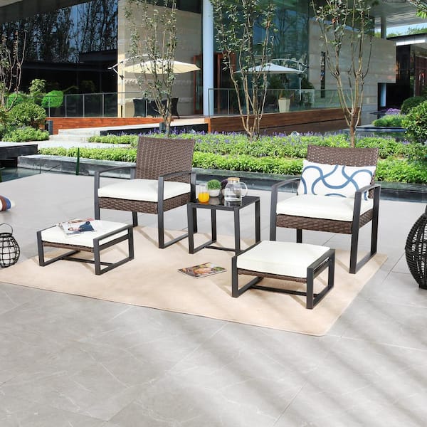 Patio Festival 5-Piece Wicker Patio Conversation Set with Offwhite Cushions