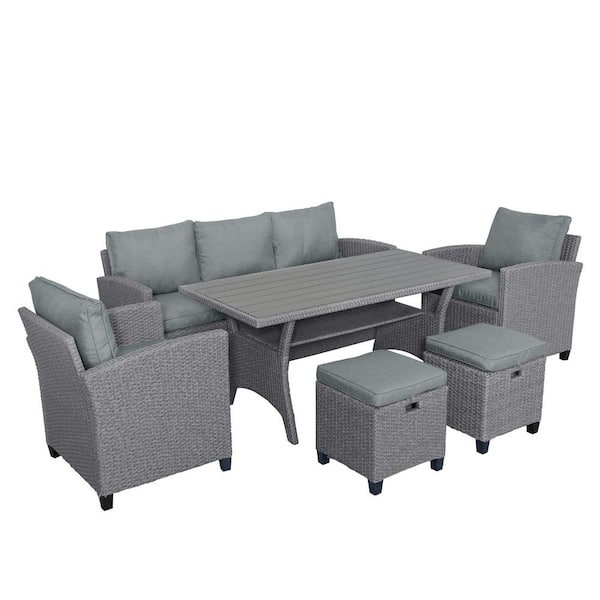 maocao hoom Gray 6-Piece Wicker Outdoor Sectional Set with Chair, Stools, Table and Gray Cushions