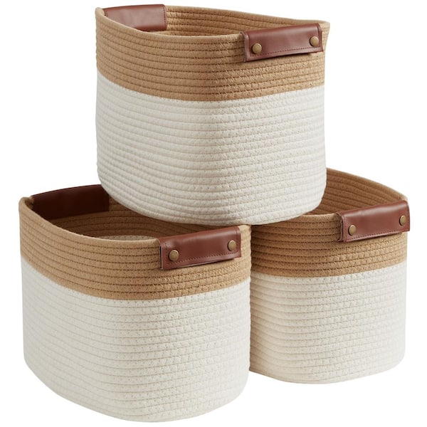 Ornavo Home 3 Pack Cotton Rope Storage Baskets - Brown/Cream