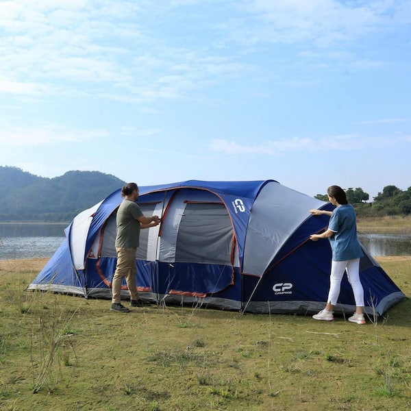 20 ft. x 9 ft. Blue 12 Person Portable Waterproof Windproof Family Tent with Top Rainfly 6 Large Mesh Windows