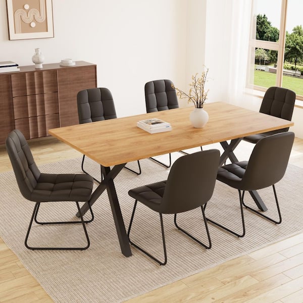 7-Pieces Rectangular Oak MDF Top Dining Table Set Seating 6 People(Oak Table Plus 6-Black Chairs）