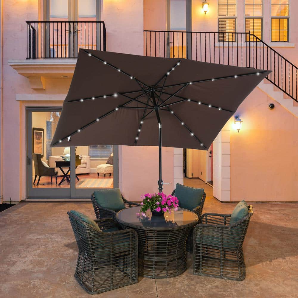Brown Solar LED Lighted Patio Umbrella with Crank and Tilt