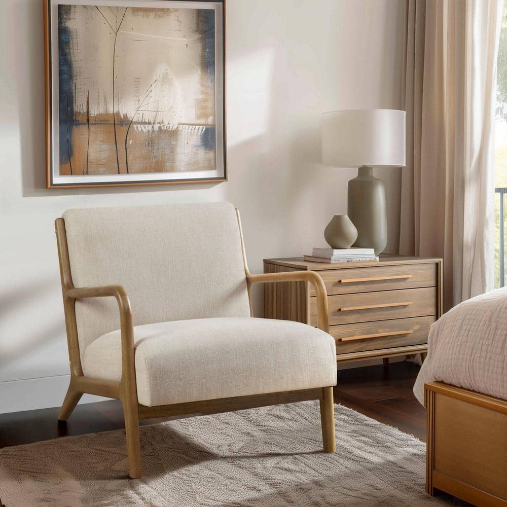 Cream Upholstered Wood Frame Mid-Century Accent Chair