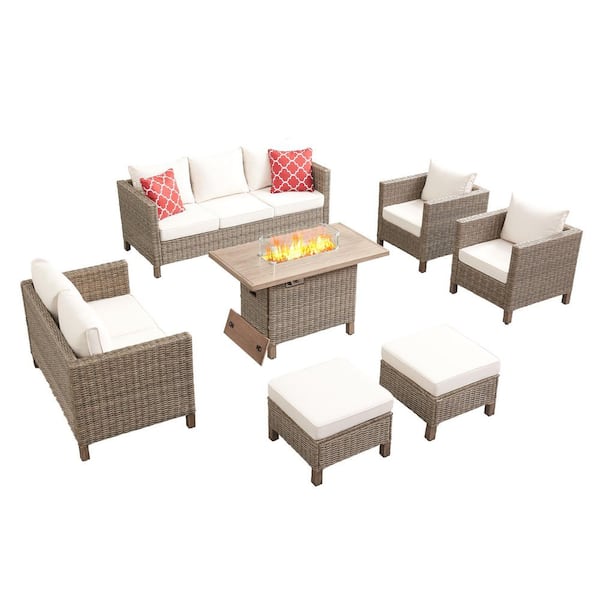 7-Piece Wicker Outdoor Patio Conversation Set with Beige Cushions and 55000 BTU Propane Fire Pit Table