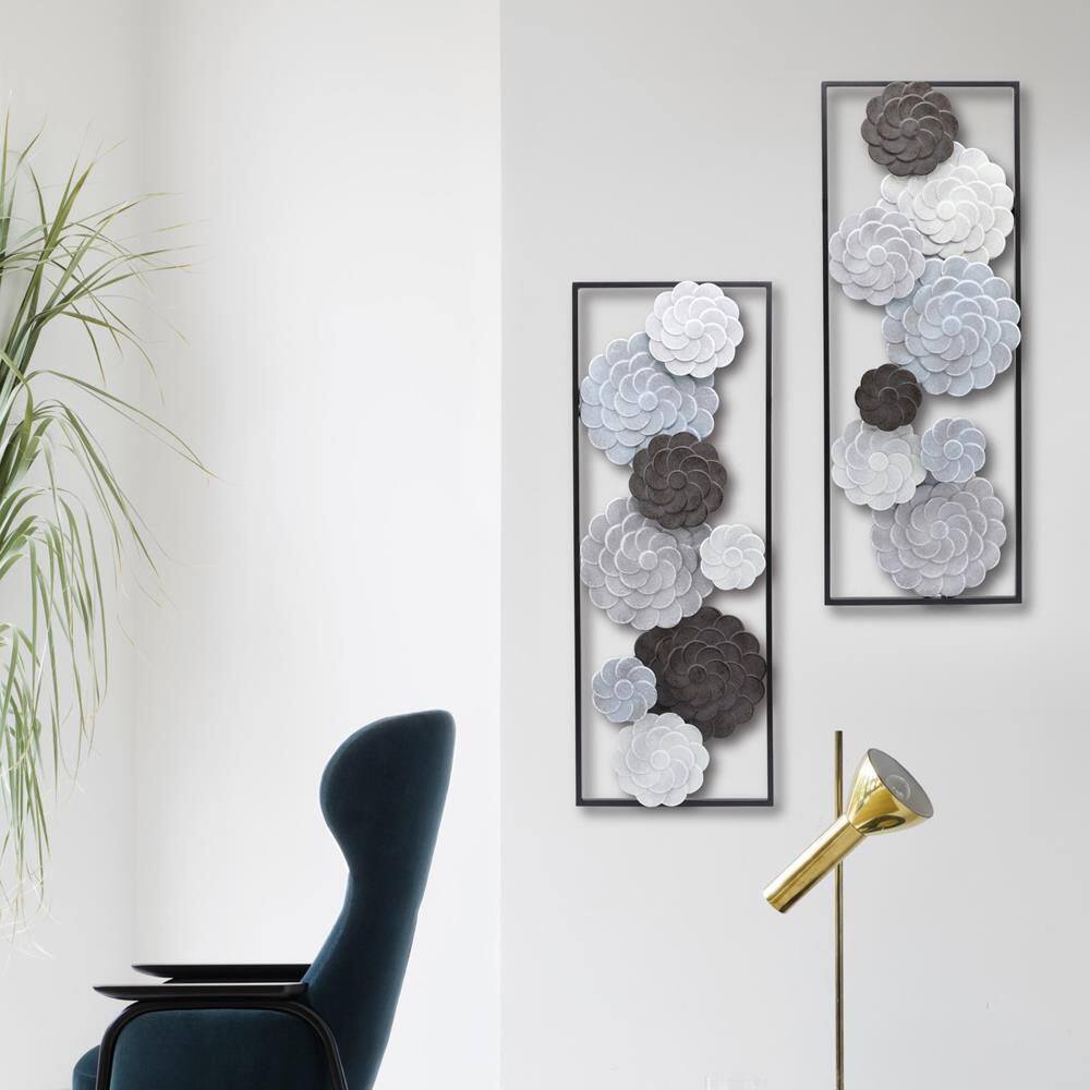 Large Black and Gray Metal Floral Wall Art Panels, Set of 2