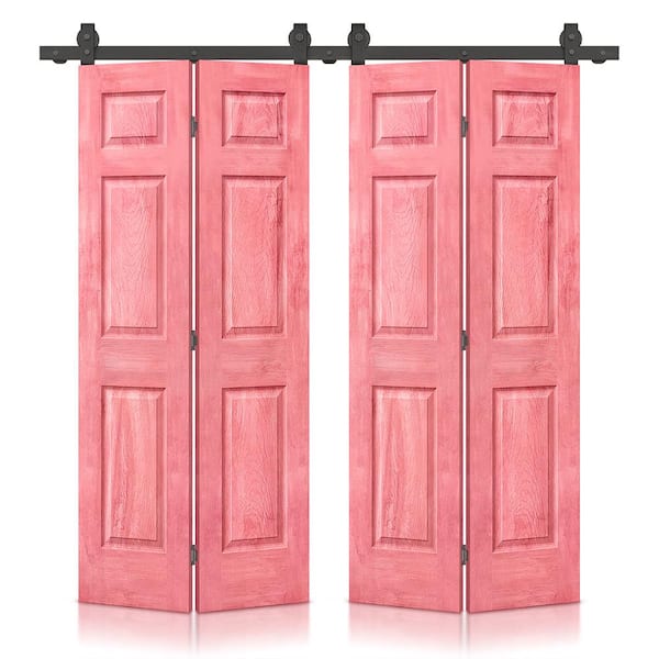 CALHOME 48 in. x 80 in. Antique Red Stain 6 Panel MDF Double Hollow Core Bi-Fold Barn Door with Sliding Hardware Kit