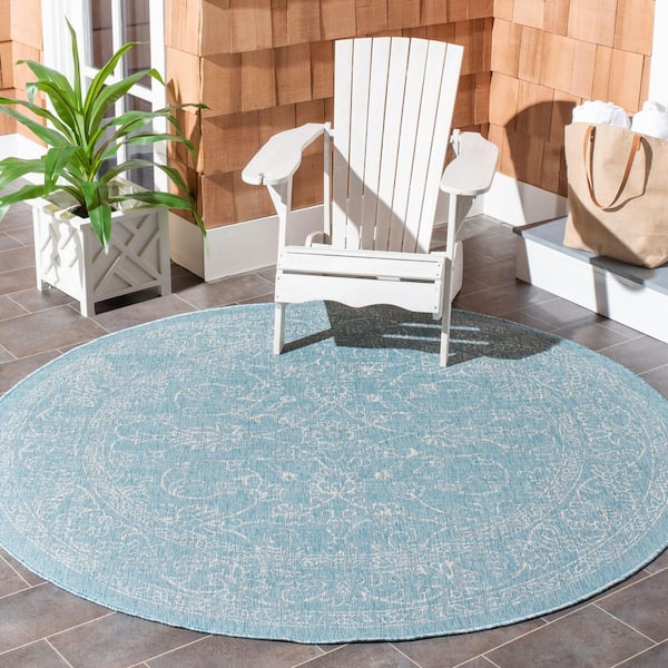 Courtyard Aqua/Gray 8 ft. x 8 ft. Border Floral Scroll Indoor/Outdoor Round Area Rug