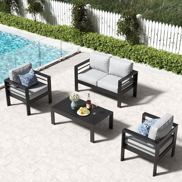 4-Piece Aluminum Patio Conversation Set with 2-Armrest Chairs, Loveseat and Coffee Table and Light Gray Cushion