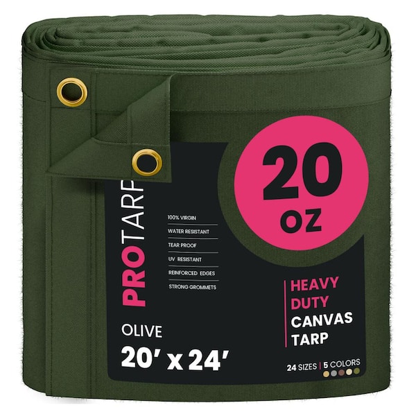PROTARP Extreme Heavy Duty 20 Oz. Water Resistant Canvas Tarp, UV Resistant Tarpaulin Cover Olive 20 X 24