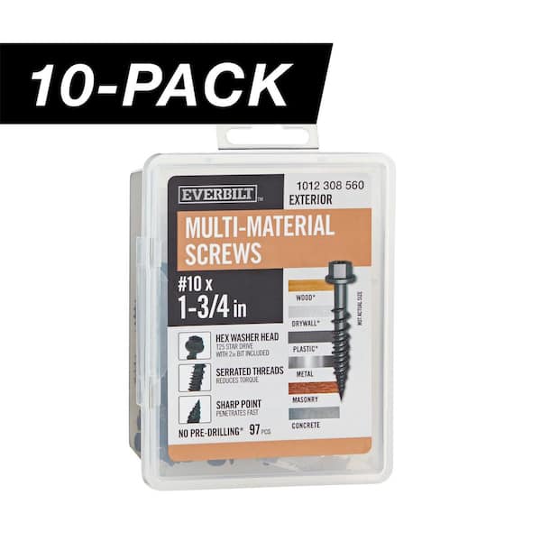 10-Pack #10 x 1-3/4 in. Black 6-Lobe Drive Exterior Washer Hex Head Multi-Material Screw (10 lbs. / 970-Piece)