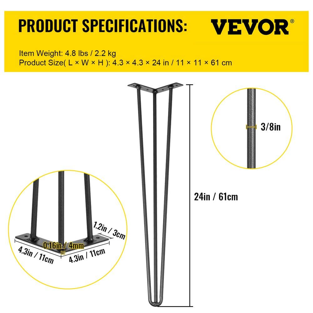 24-Inch Black Carbon Steel Hairpin Table Legs Set of 4