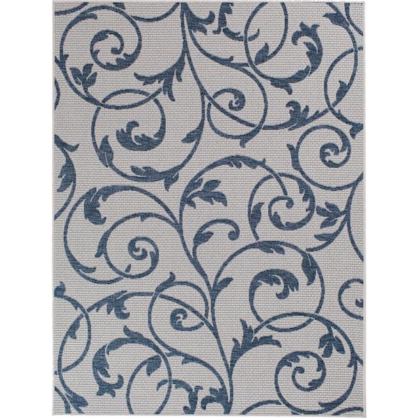 Hampton Bay Santorini Macala Ecru/Cobalt 5 ft. x 8 ft. Indoor/Outdoor Patio Area Rug