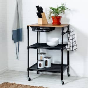 Black Kitchen Cart with Natural Wood Top
