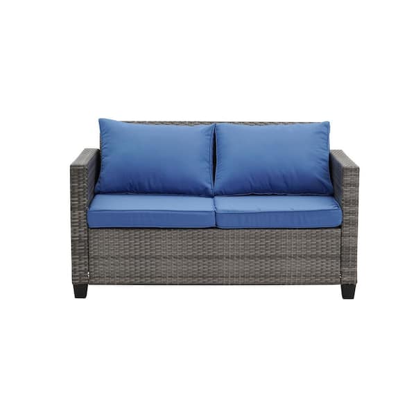 OVASTLKUY 2-Piece Navy Blue Patio Outdoor Wicker Rattan Sofa Set Patio Conversation with Cushions