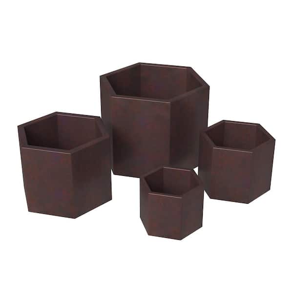 Leisuremod Thicket Modern 3-Piece Fiberstone Hexagon Planter Weather Resistant Plant Pot with Drainage Holes, Brown