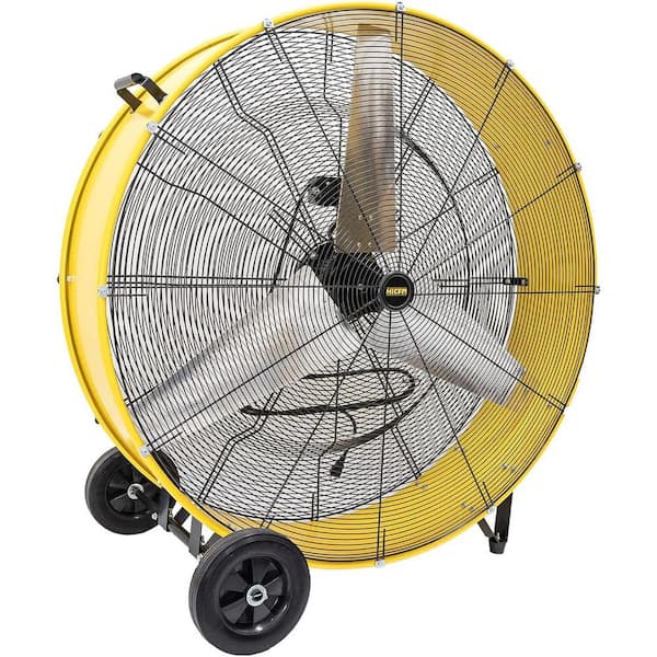 HiCFM 42 in. Yellow Industrial Drum Fan, 26800 CFM, 4/5 HP Motor, Heavy Duty Barrel, 8 in. Wheels, UL Listed