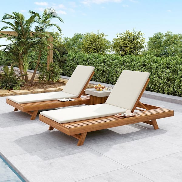 Erin Patio 2/3 Foldable Solid Wood Outdoor Chaise Lounge with Cream Cushion Adjustable Backrest, Teak Finish, (Set of 2)